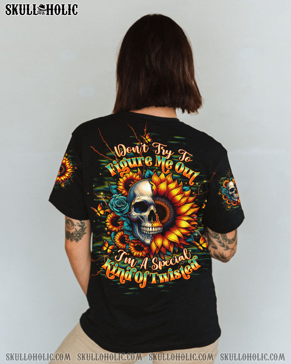 BLISSCORNERS DON'T TRY TO FIGURE ME OUT SKULL SUNFLOWER BLACK ALL OVER PRINT