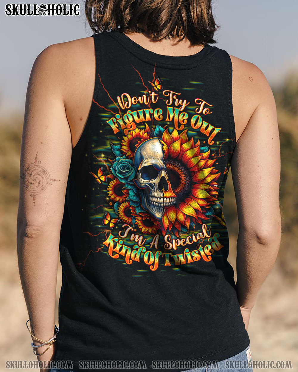BLISSCORNERS DON'T TRY TO FIGURE ME OUT SKULL SUNFLOWER BLACK ALL OVER PRINT