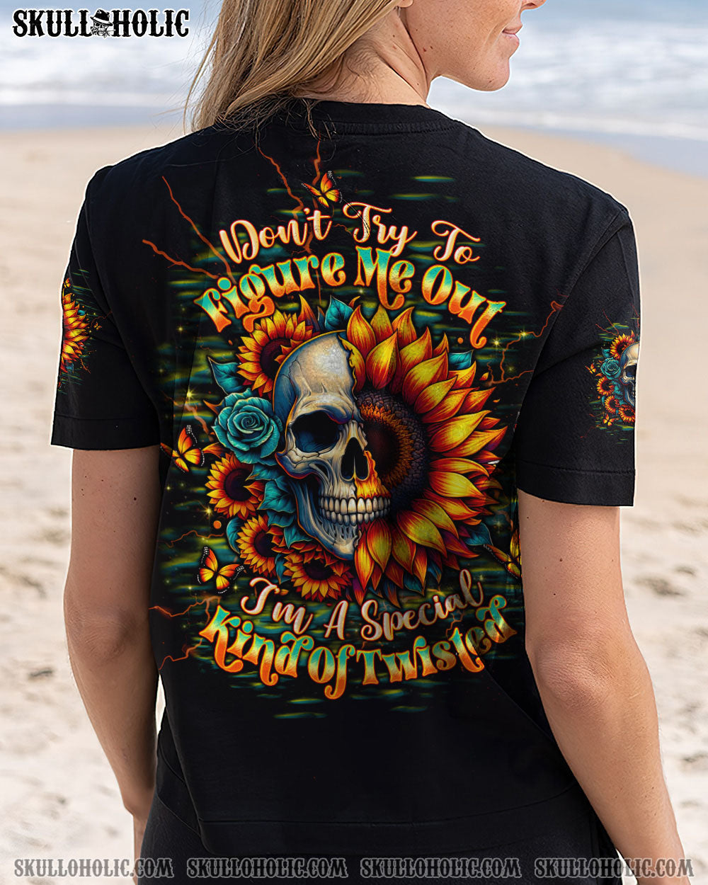BLISSCORNERS DON'T TRY TO FIGURE ME OUT SKULL SUNFLOWER BLACK ALL OVER PRINT