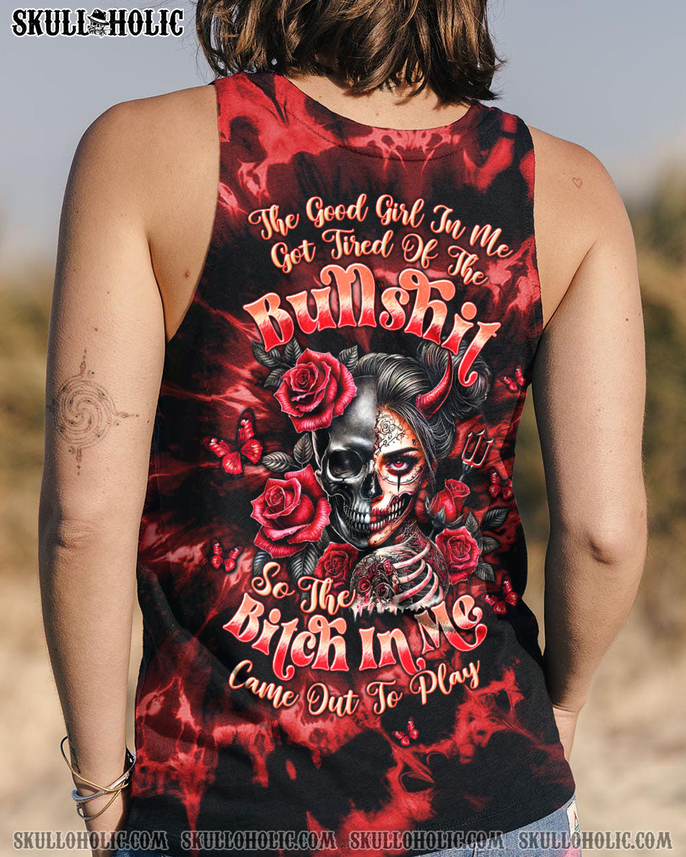 BLISSCORNERS THE GOOD GIRL IN ME HALF SKULL LADY TIE DYE  ALL OVER PRINT