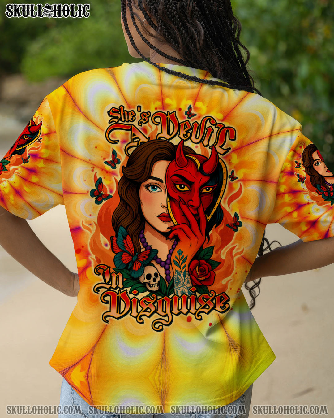 BLISSCORNERS SHE'S A DEVIL IN DISGUISE SKULL LADY ALL OVER PRINT