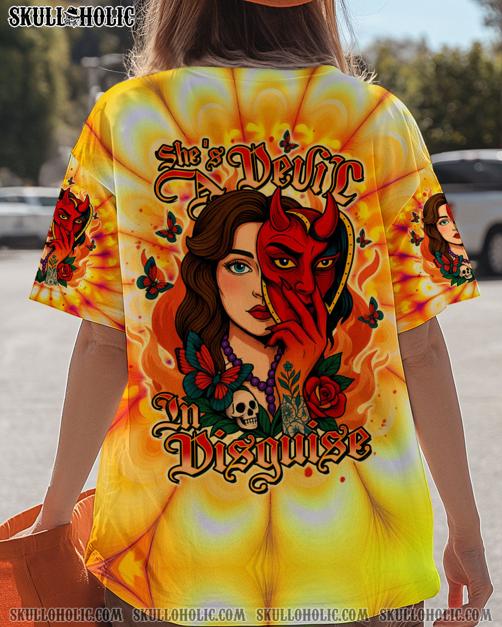 BLISSCORNERS SHE'S A DEVIL IN DISGUISE SKULL LADY ALL OVER PRINT