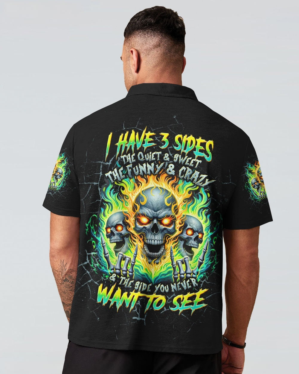 BLISSCORNERS I HAVE 3 SIDES 3 SKULLS FIRE ALL OVER PRINT