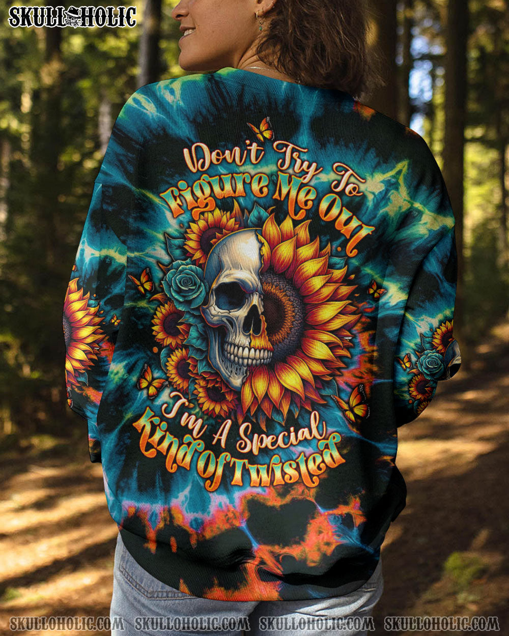 BLISSCORNERS DON'T TRY TO FIGURE ME OUT  SKULL SUNFLOWER ALL OVER PRINT
