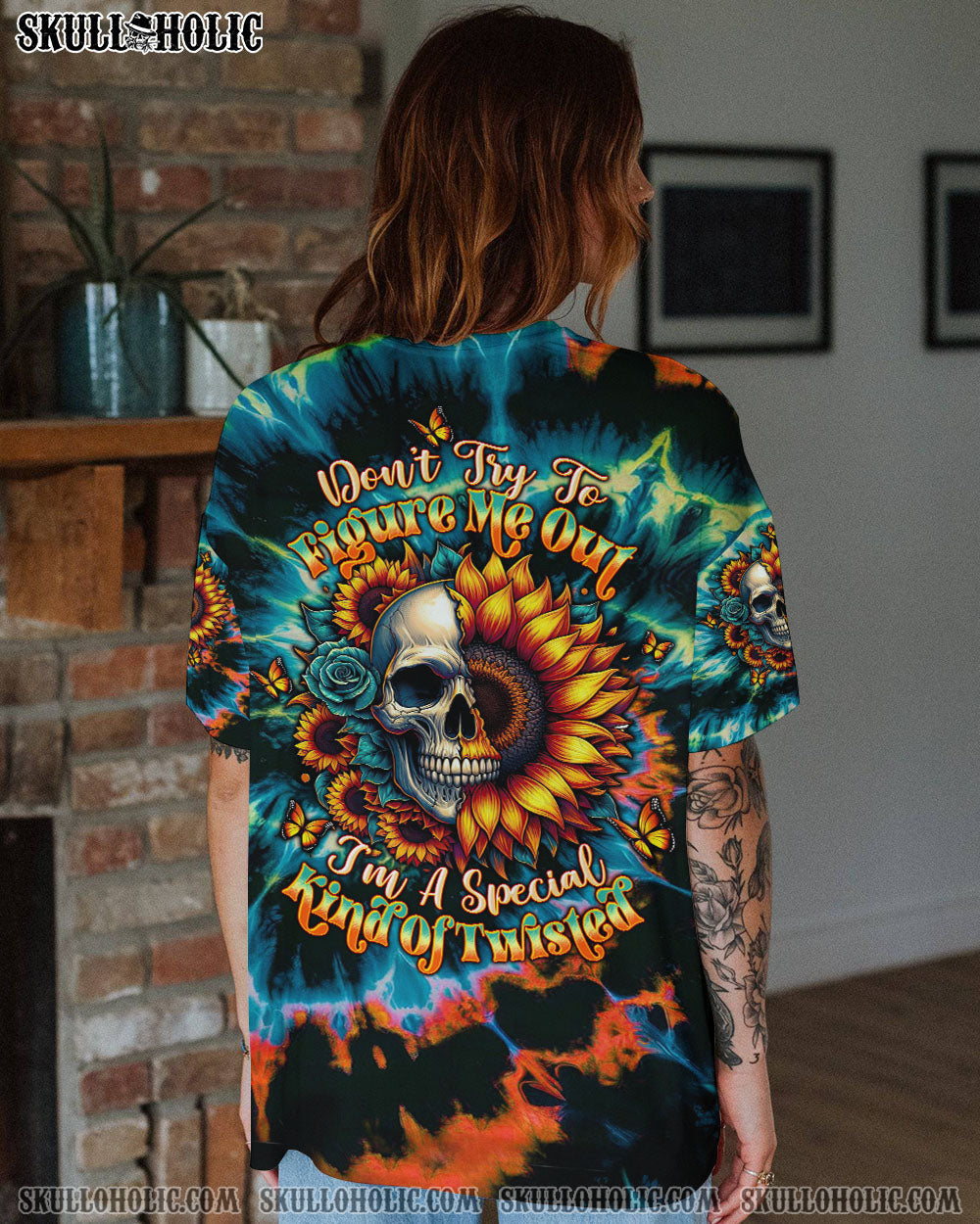 BLISSCORNERS DON'T TRY TO FIGURE ME OUT  SKULL SUNFLOWER ALL OVER PRINT