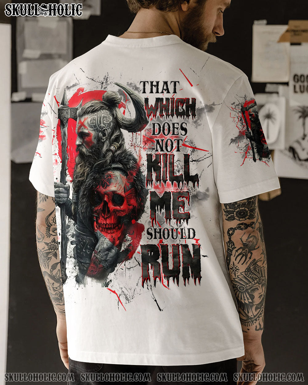 BLISSCORNERS THAT WHICH DOES NOT K ME SHOULD RUN VIKING SKULL ALL OVER PRINT