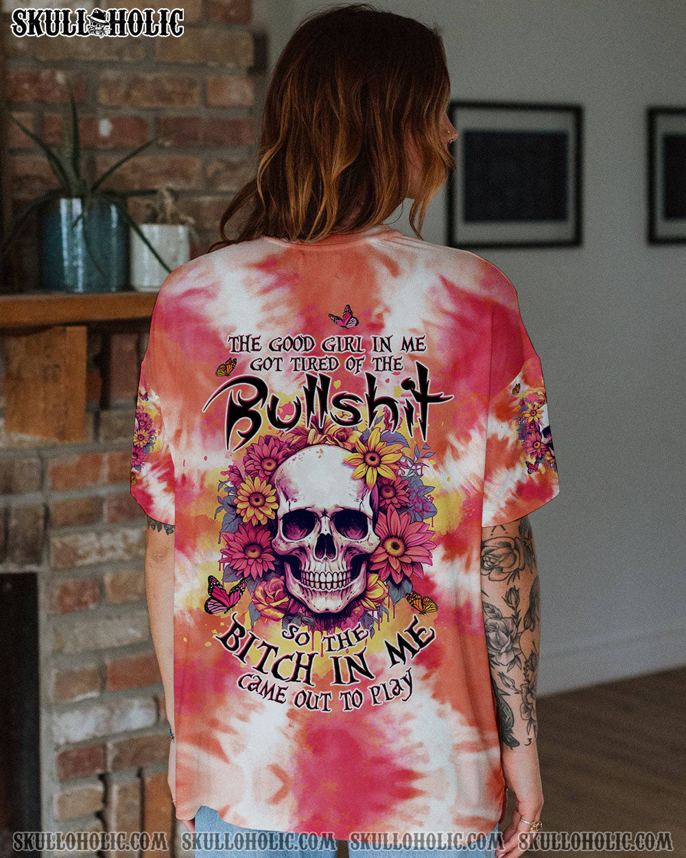 BLISSCORNERS THE GOOD GIRL IN ME SKULL FLORAL ALL OVER PRINT