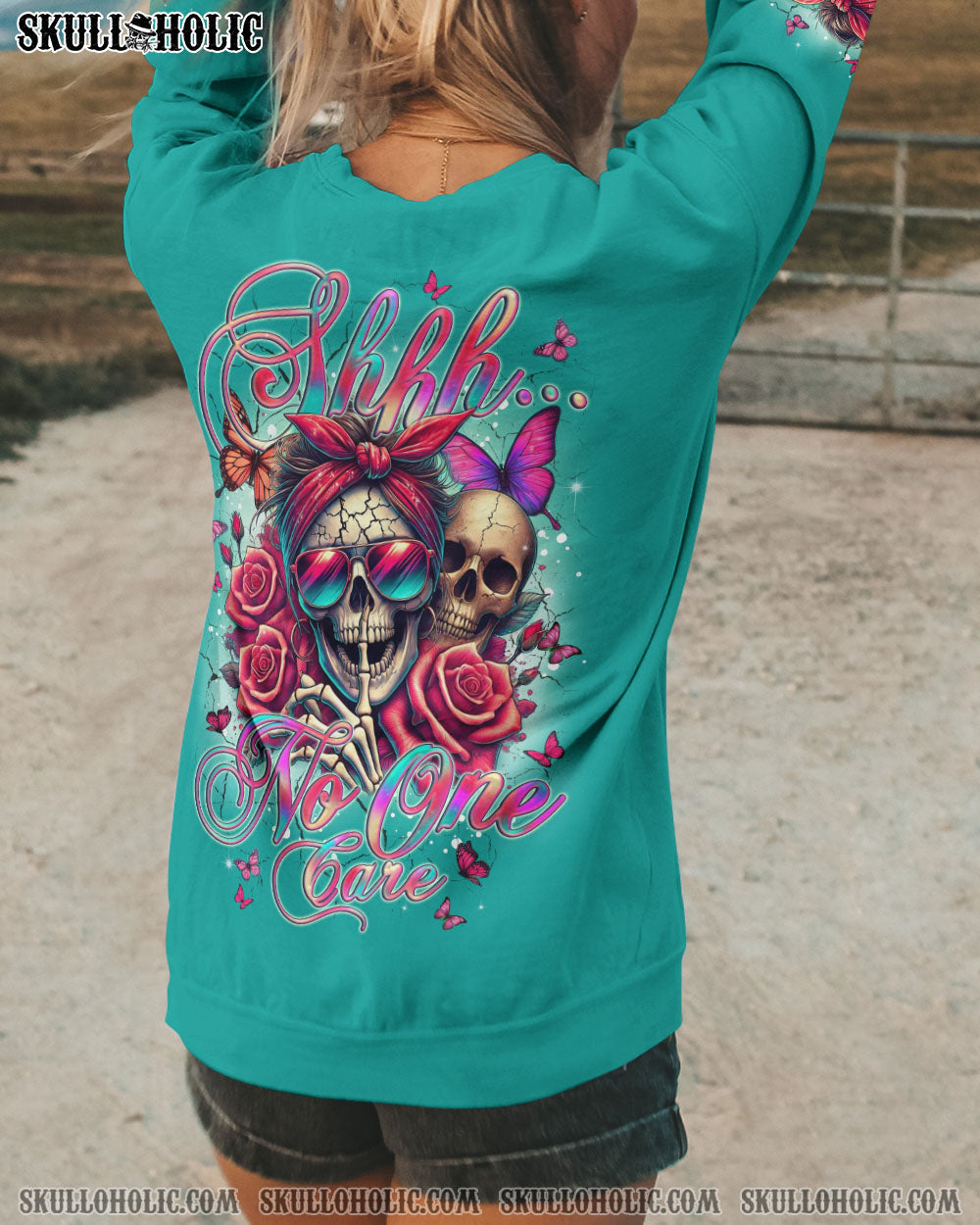 BLISSCORNERS SHHH NO ONE CARES MESSY BUN SKULL ALL OVER PRINT
