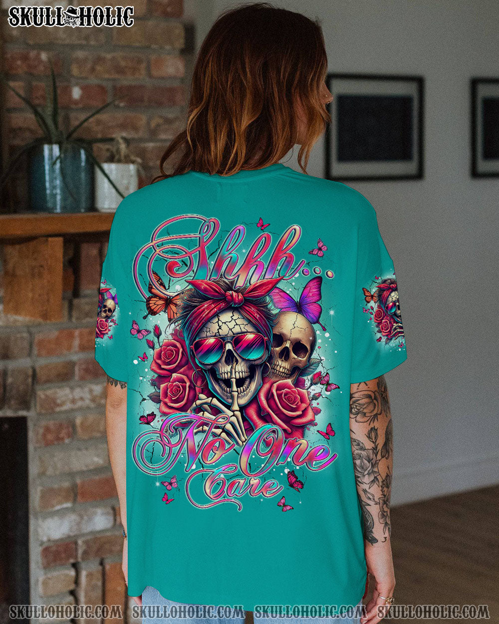 BLISSCORNERS SHHH NO ONE CARES MESSY BUN SKULL ALL OVER PRINT