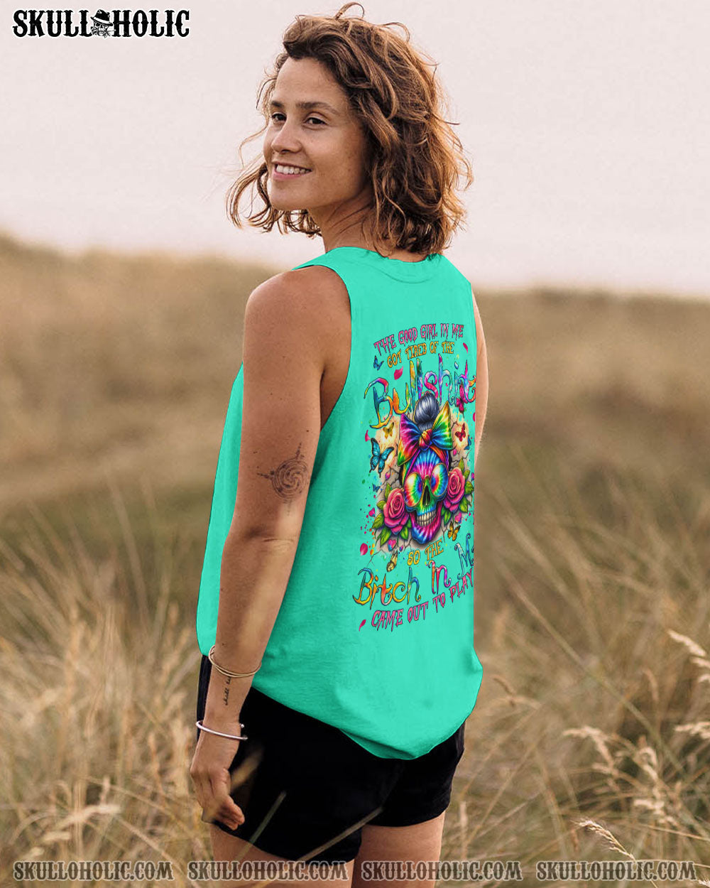 BLISSCORNERS THE GOOD GIRL IN ME MESSY BUN SKULL ALL OVER PRINT
