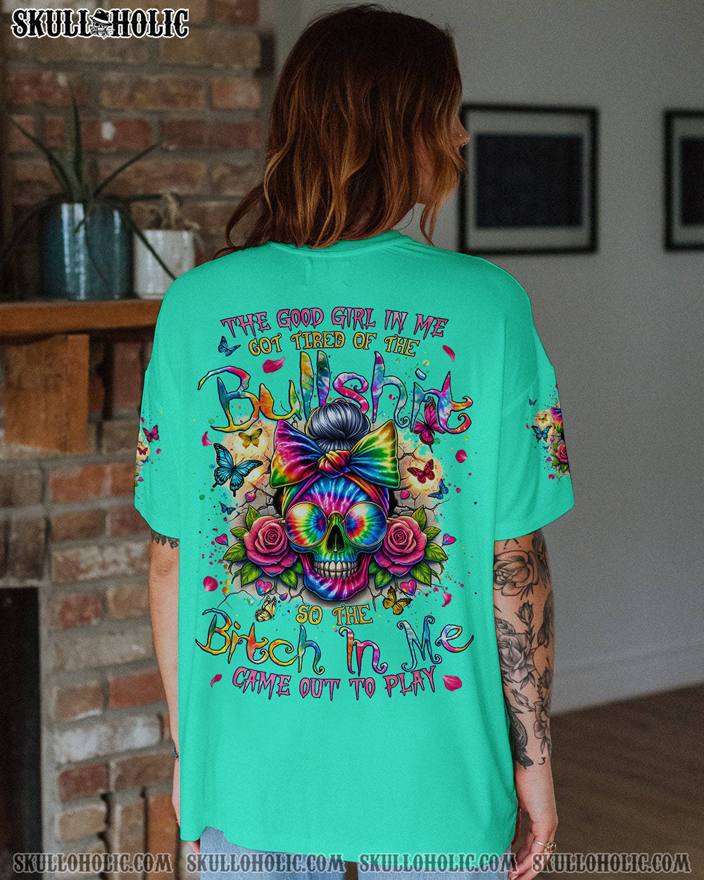 BLISSCORNERS THE GOOD GIRL IN ME MESSY BUN SKULL ALL OVER PRINT