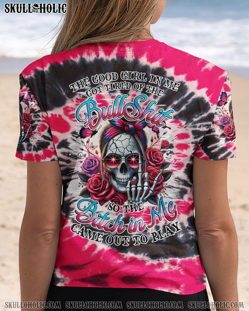 BLISSCORNERS THE GOOD GIRL IN ME MESSY BUN SKULL TIE DYE ALL OVER PRINT