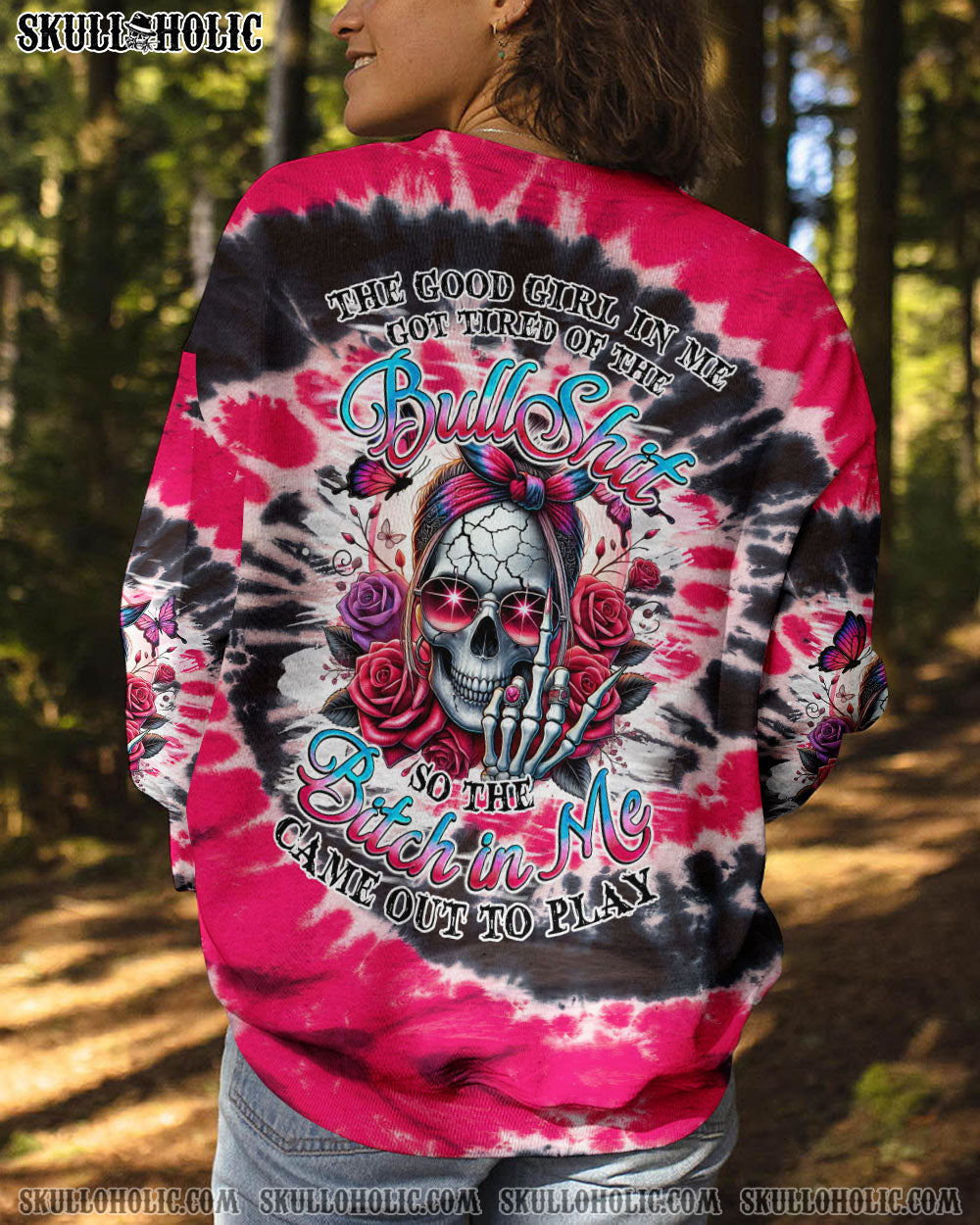 BLISSCORNERS THE GOOD GIRL IN ME MESSY BUN SKULL TIE DYE ALL OVER PRINT