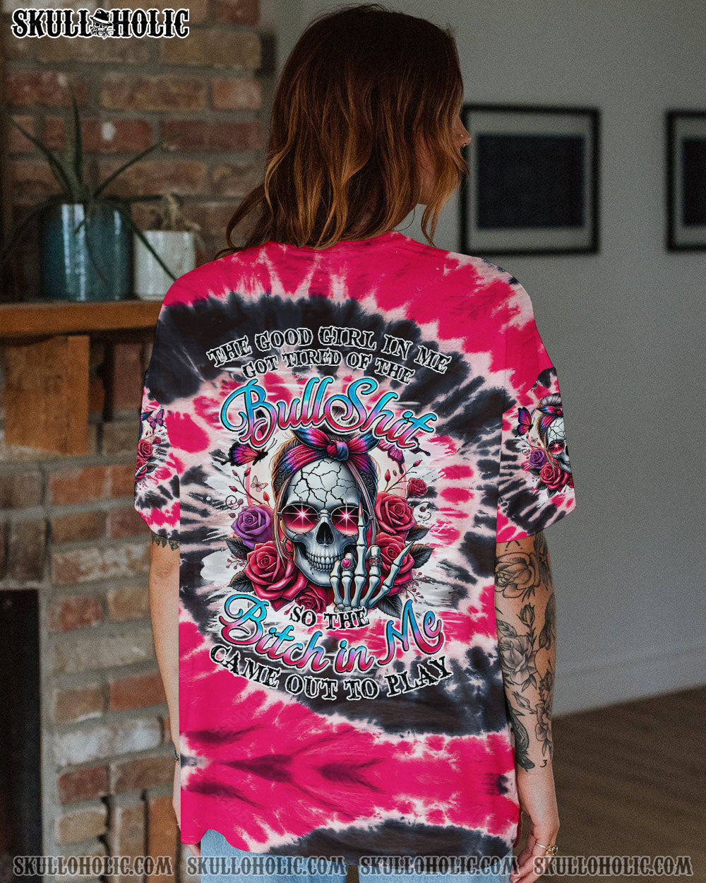 BLISSCORNERS THE GOOD GIRL IN ME MESSY BUN SKULL TIE DYE ALL OVER PRINT