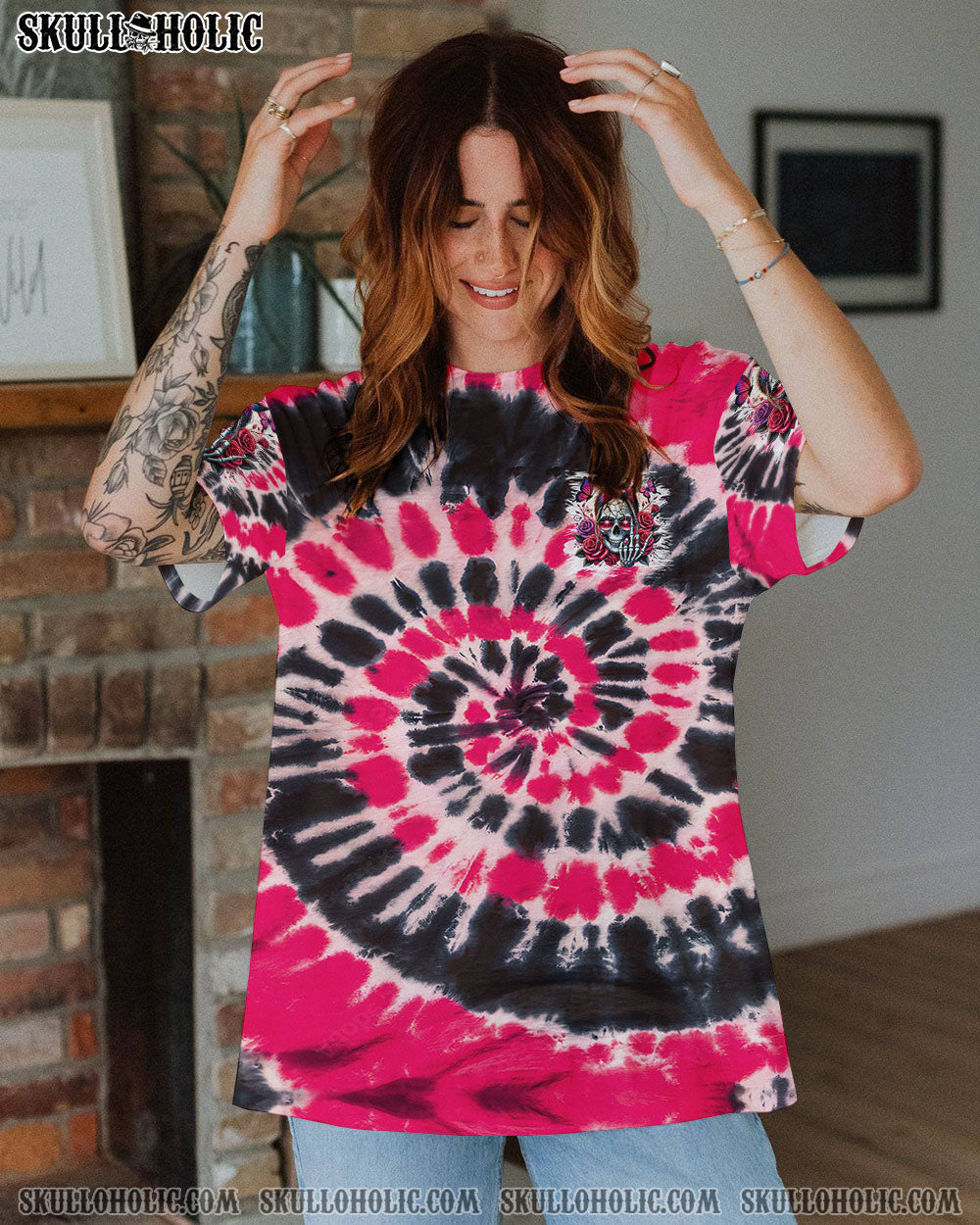 BLISSCORNERS THE GOOD GIRL IN ME MESSY BUN SKULL TIE DYE ALL OVER PRINT