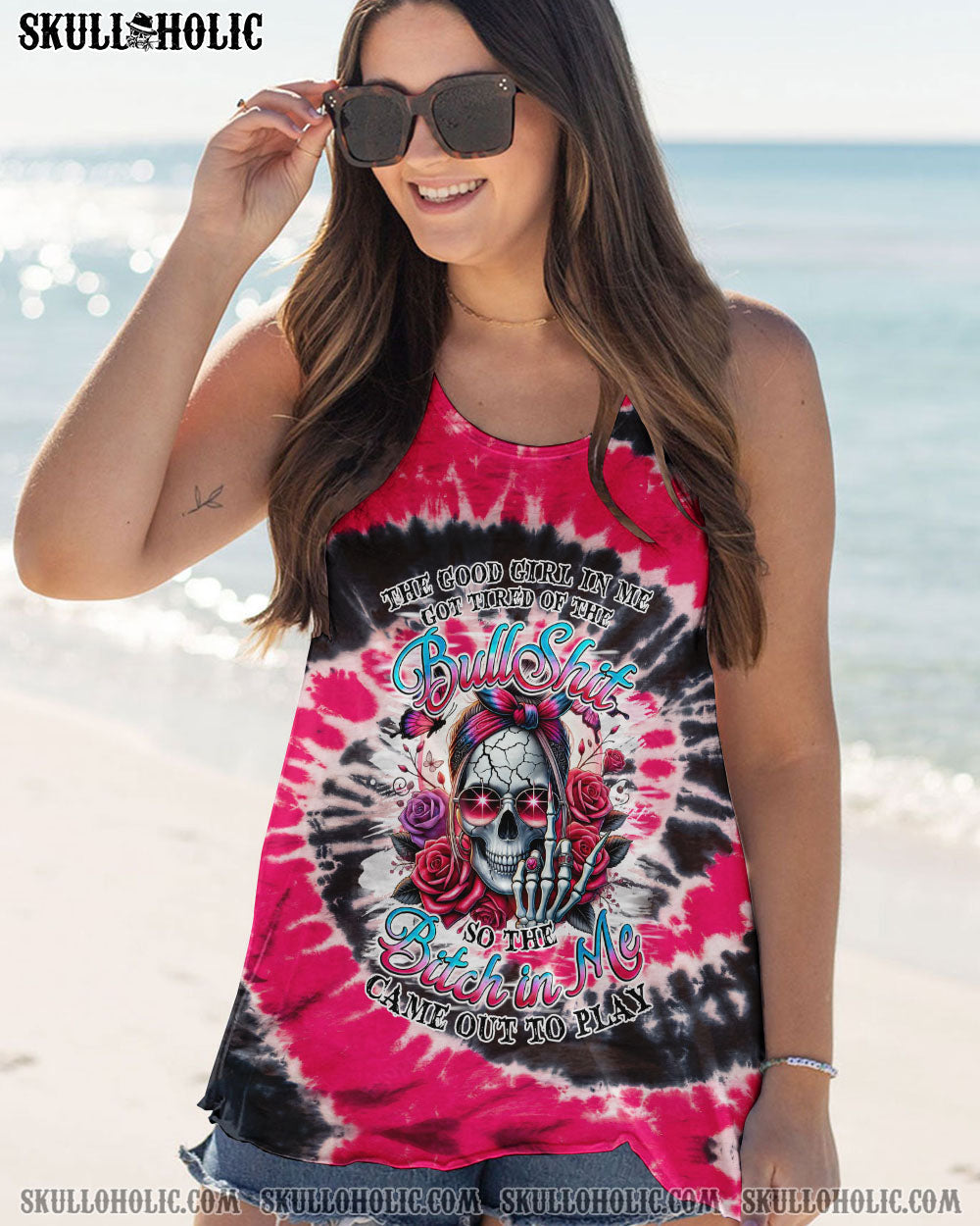 BLISSCORNERS THE GOOD GIRL IN ME MESSY BUN SKULL TIE DYE ALL OVER PRINT