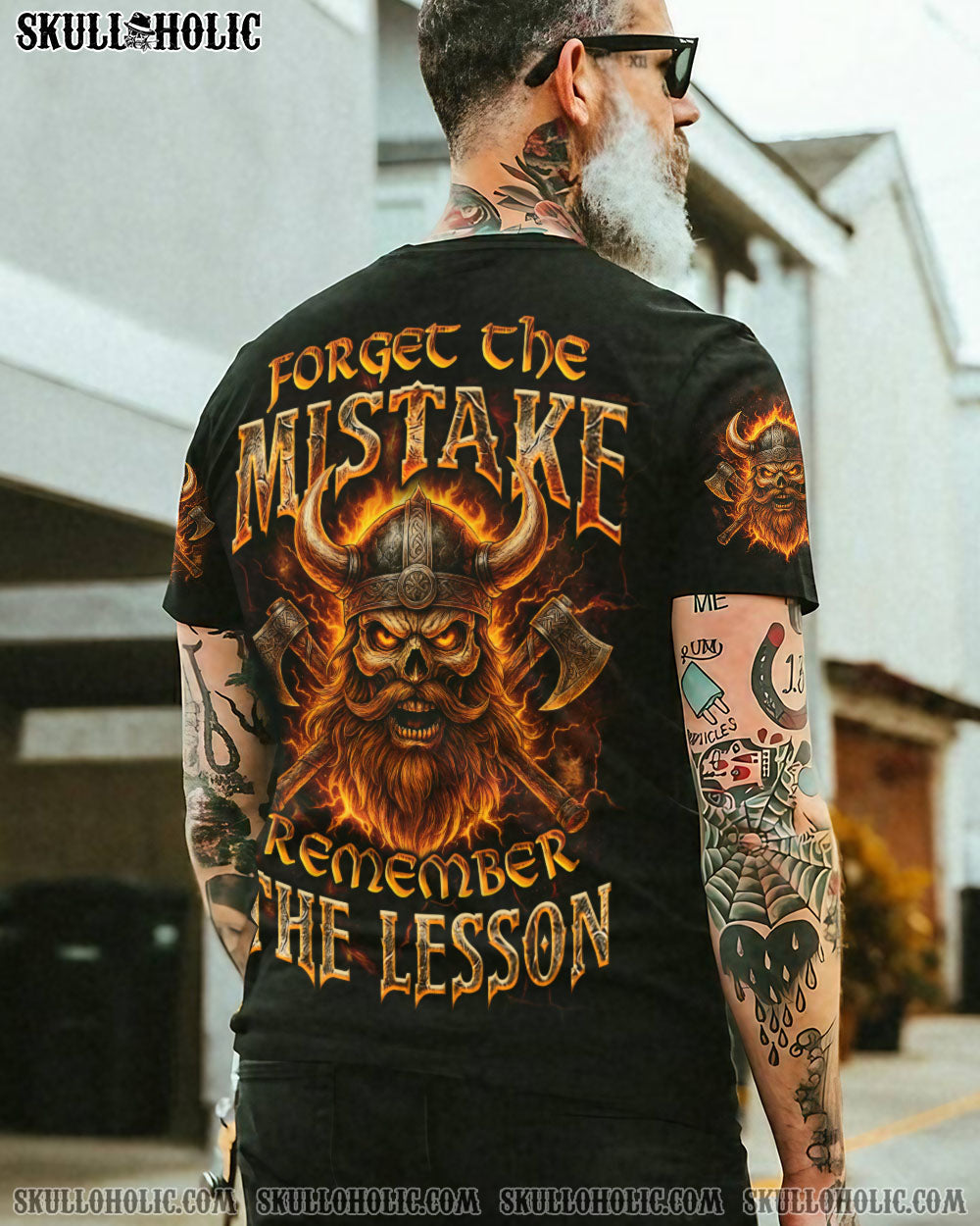 BLISSCORNERS FORGET THE MISTAKE REMEMBER THE LESSON VIKING SKULL ALL OVER PRINT