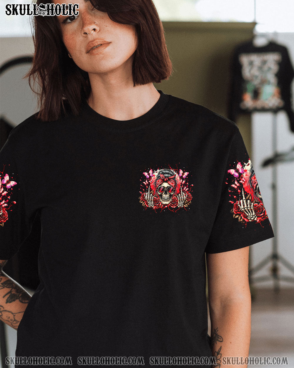 BLISSCORNERS THE GOOD GIRL IN ME MESSY BUN SKULL ALL OVER PRINT