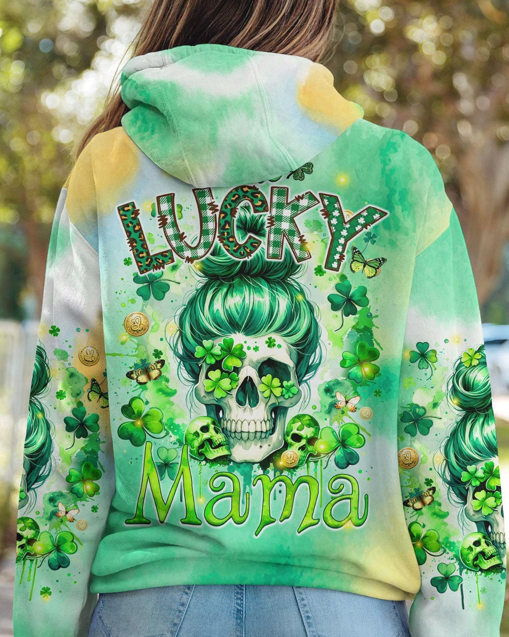 BLISSCORNERS B GIRLS CHUG BEER MESSY BUN SKULL PATRICK'S DAY ALL OVER PRINT