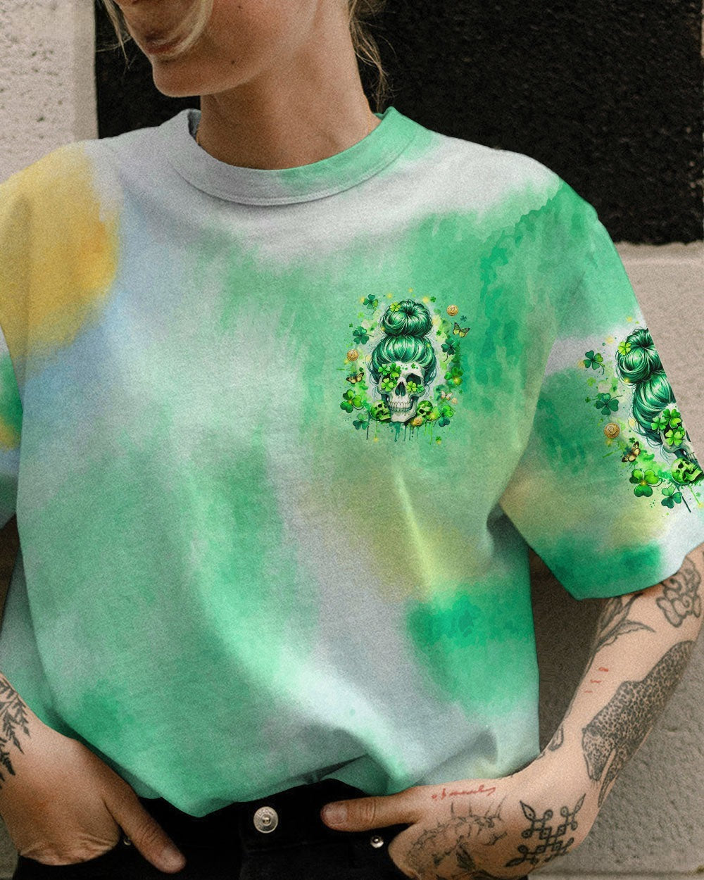 BLISSCORNERS B GIRLS CHUG BEER MESSY BUN SKULL PATRICK'S DAY ALL OVER PRINT