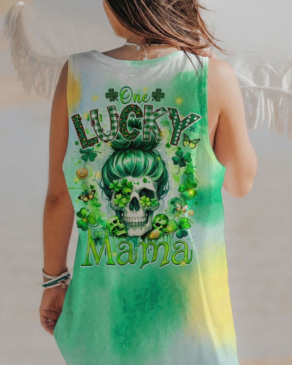 BLISSCORNERS B GIRLS CHUG BEER MESSY BUN SKULL PATRICK'S DAY ALL OVER PRINT