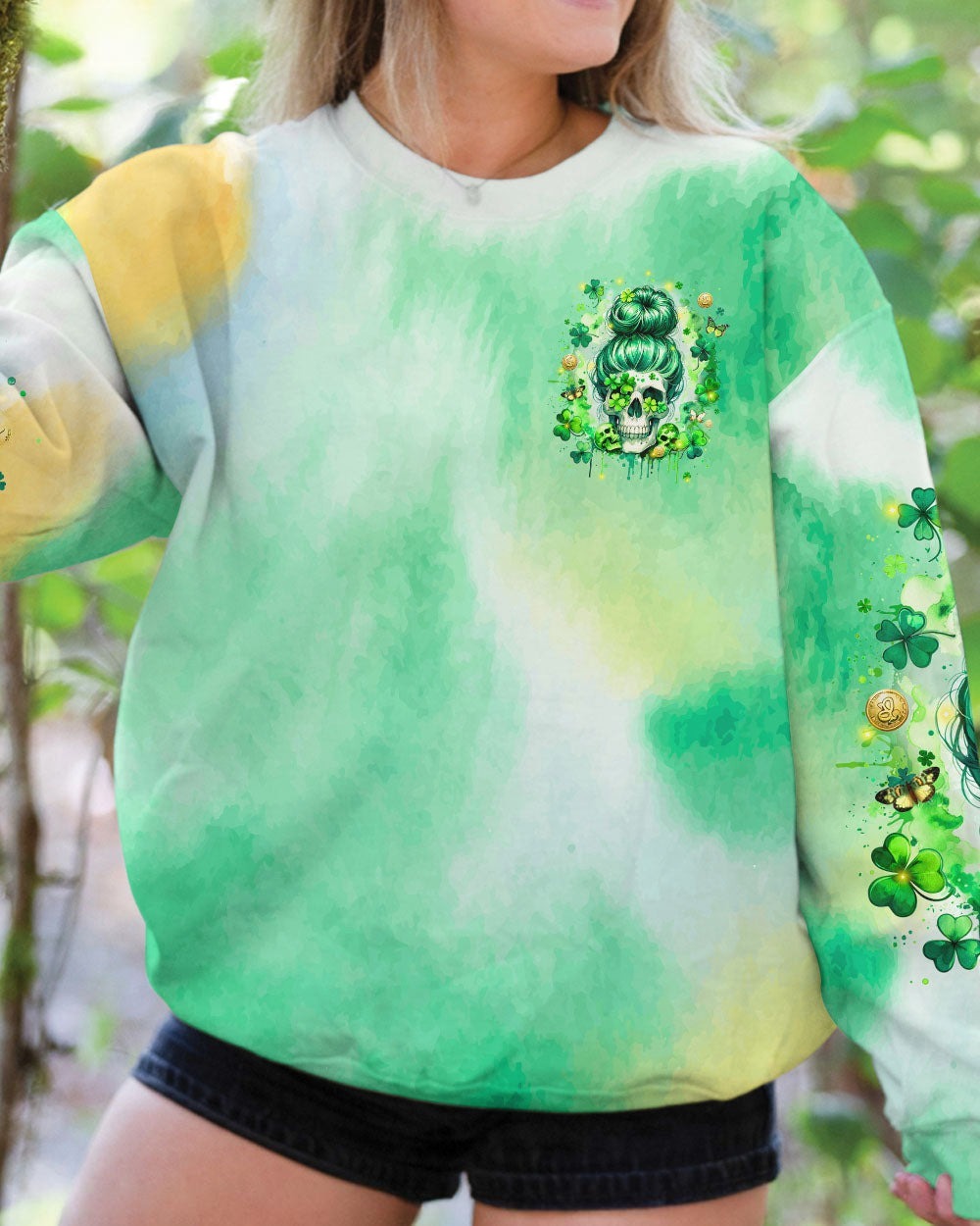 BLISSCORNERS B GIRLS CHUG BEER MESSY BUN SKULL PATRICK'S DAY ALL OVER PRINT