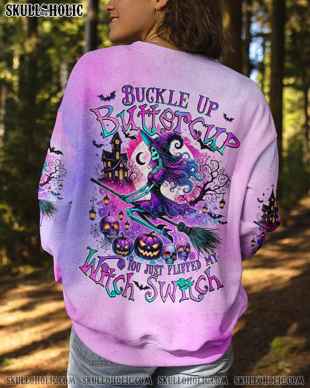 BLISSCORNERS BUCKLE UP BUTTERCUP YOU JUST FLIPPED MY WITCH SWITCH HALLOWEEN ALL OVER PRINT