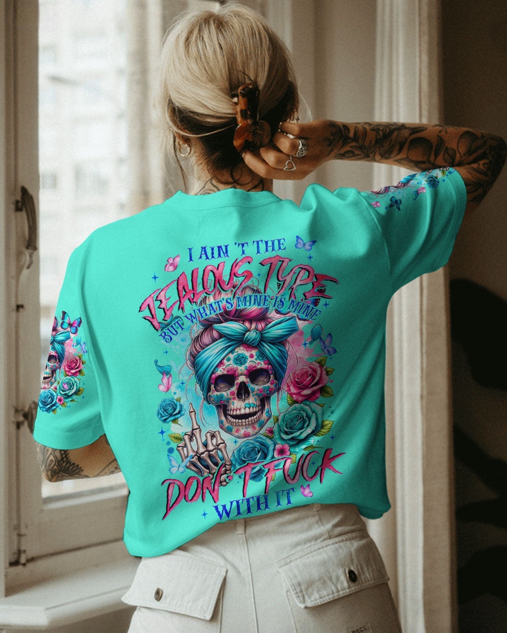 BLISSCORNERS THE GOOD GIRL IN ME MESSY BUN SKULL ALL OVER PRINT