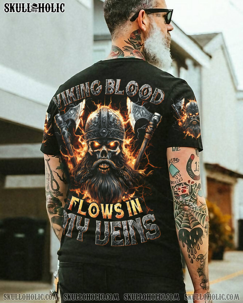 BLISSCORNERS VIKING BLOOD FLOWS IN MY VEINS SKULL ALL OVER PRINT