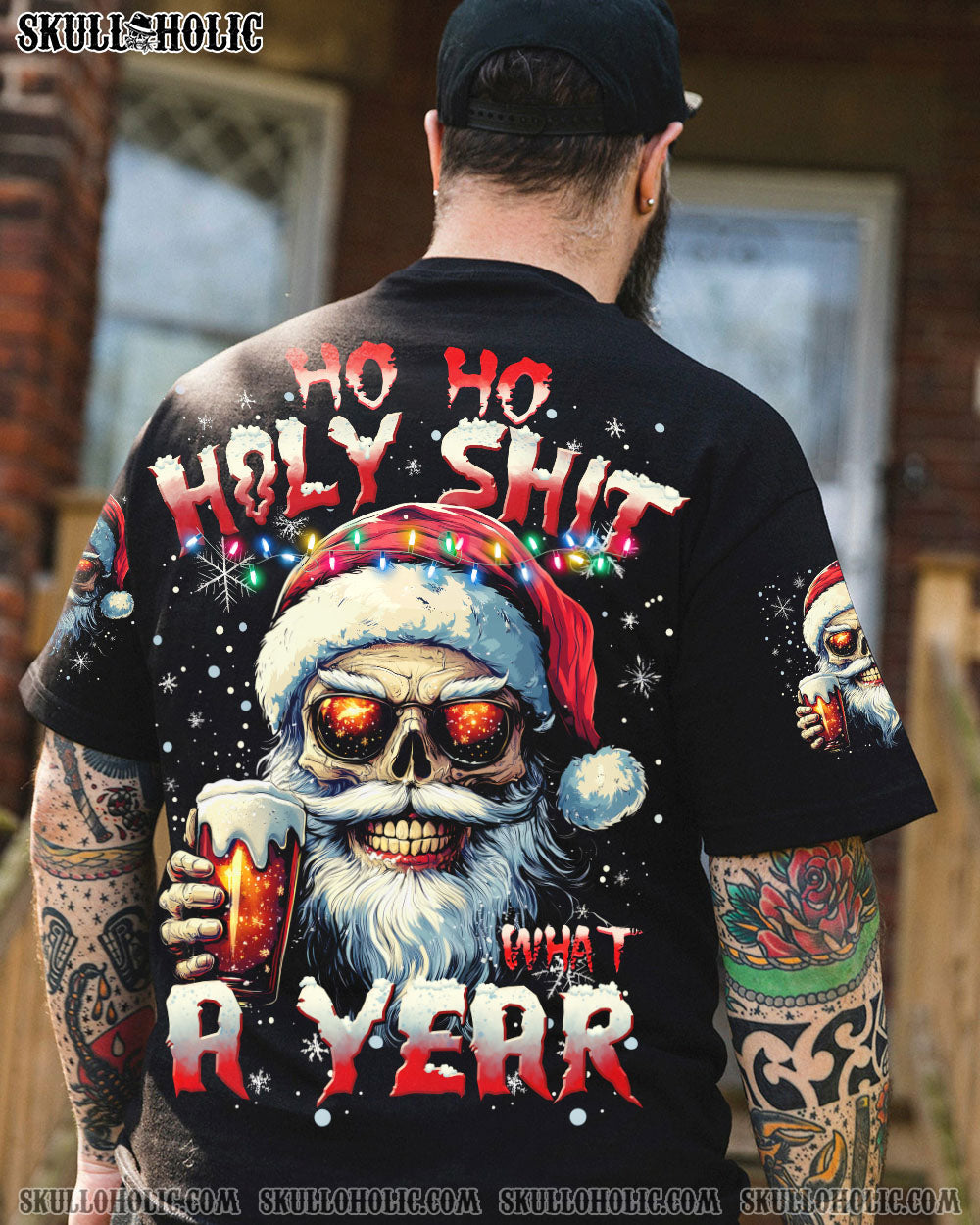 BLISSCORNERS HO HO HOLY S WHAT A YEAR SKULL SANTA CHRISTMAS ALL OVER PRINT