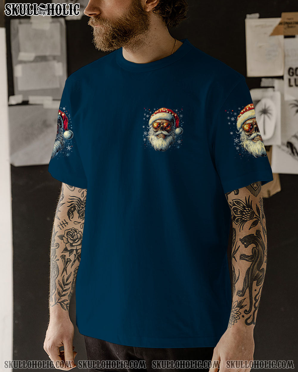 BLISSCORNERS SANTA CLAUS IS COMING SKULL CHRISTMAS ALL OVER PRINT