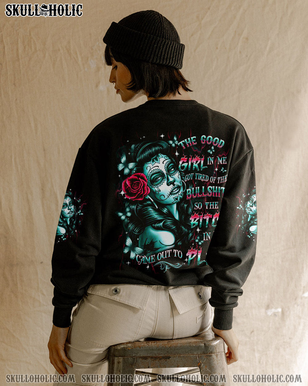 BLISSCORNERS THE GOOD GIRL IN ME GOT TIRED SKULL ALL OVER PRINT