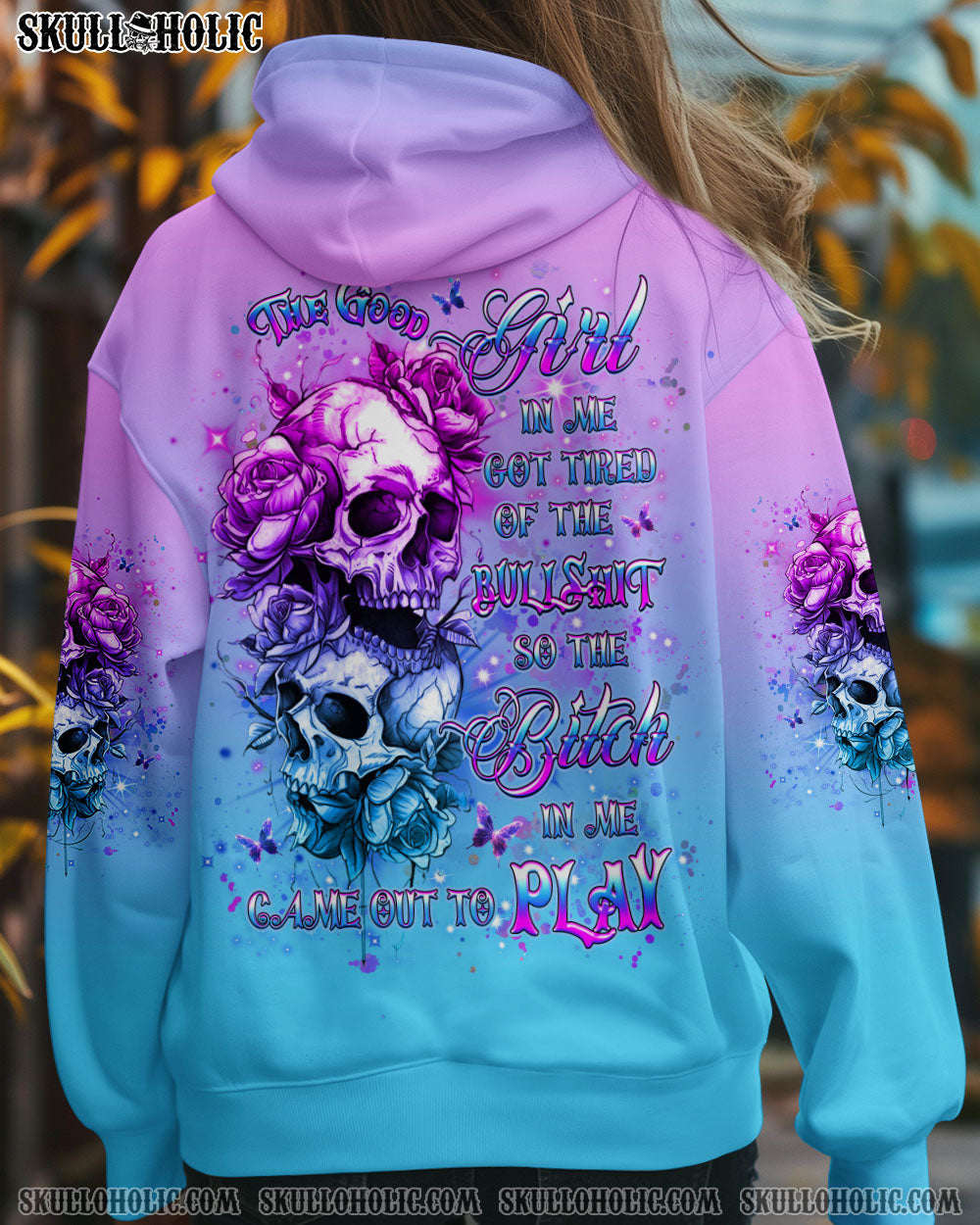 BLISSCORNERS THE GOOD GIRL IN ME GOT TIRED SKULL ROSE ALL OVER PRINT