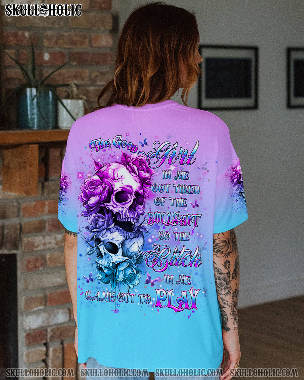 BLISSCORNERS THE GOOD GIRL IN ME GOT TIRED SKULL ROSE ALL OVER PRINT