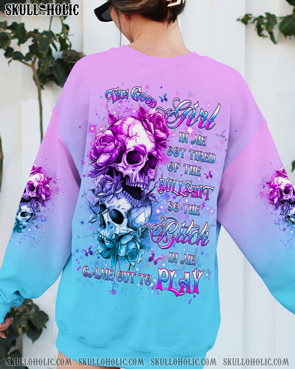 BLISSCORNERS THE GOOD GIRL IN ME GOT TIRED SKULL ROSE ALL OVER PRINT