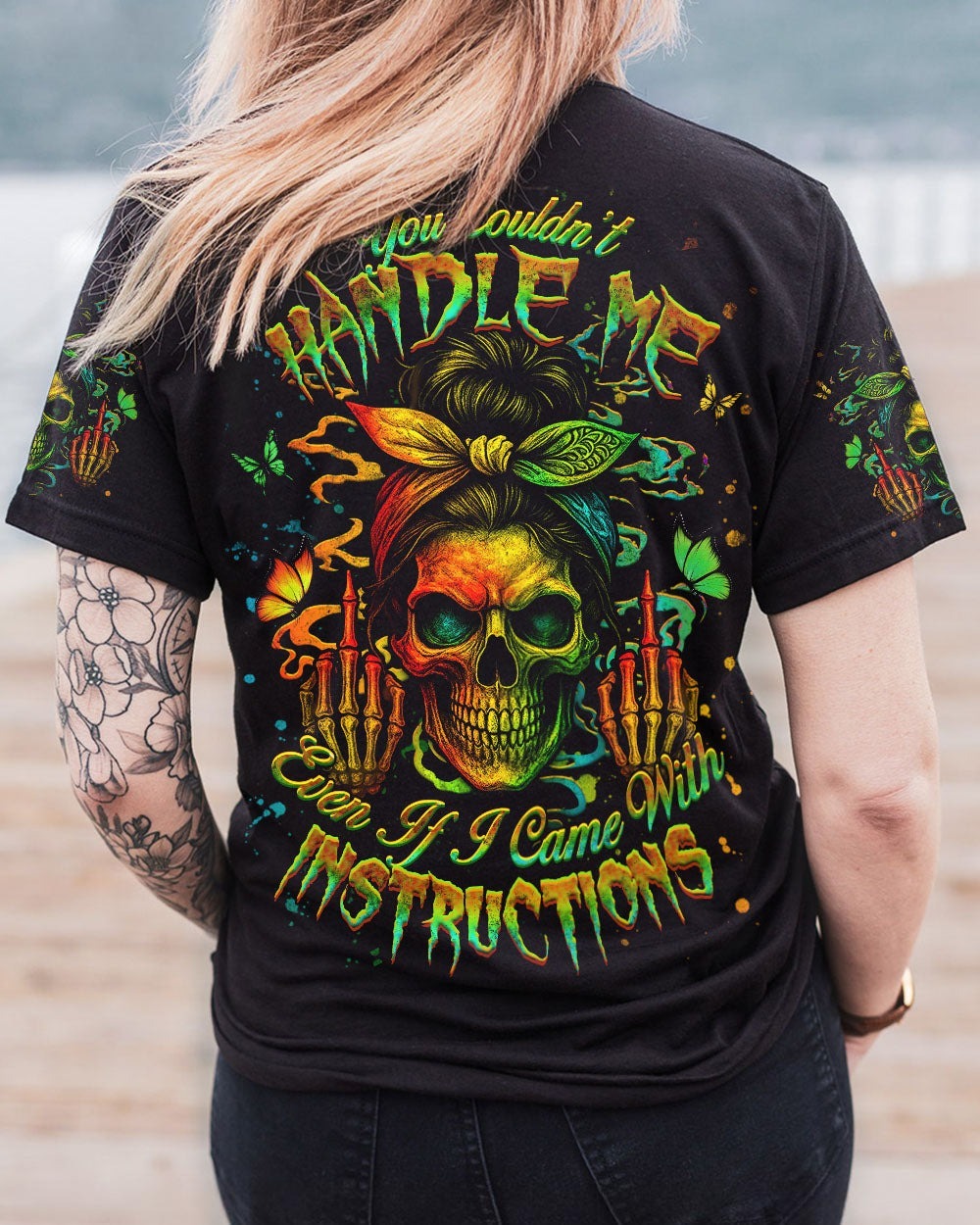 BLISSCORNERS THE GOOD GIRL IN ME SKULL LADY MESSY BUN   ALL OVER PRINT