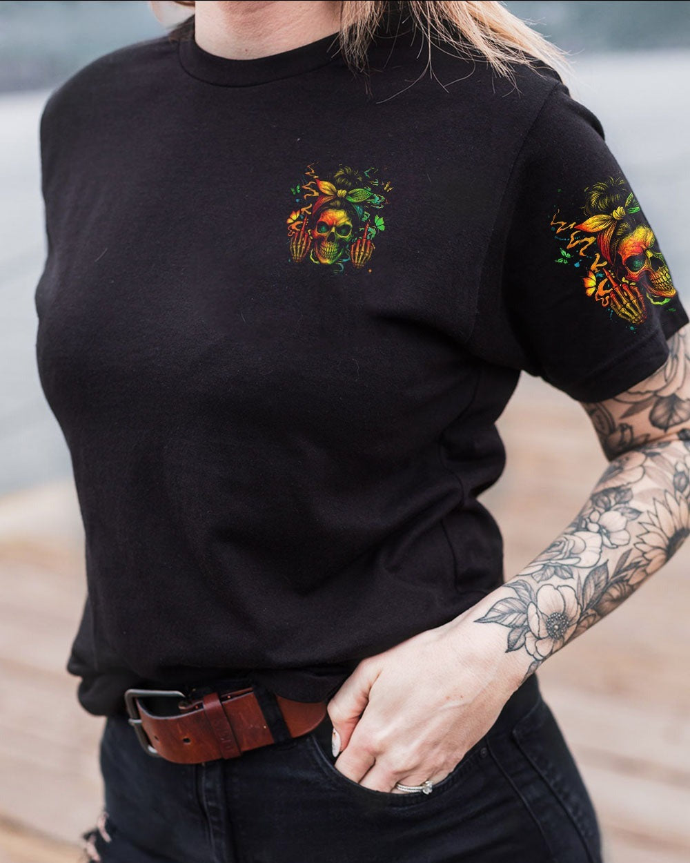 BLISSCORNERS THE GOOD GIRL IN ME SKULL LADY MESSY BUN   ALL OVER PRINT