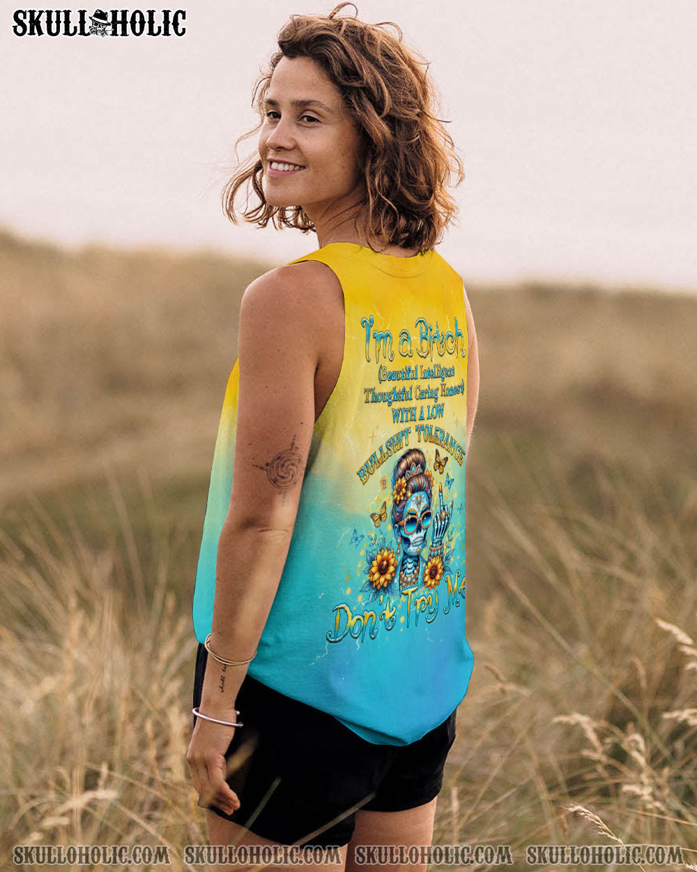 BLISSCORNERS I'M A B DON'T TRY ME SUNFLOWER SKULL ALL OVER PRINT