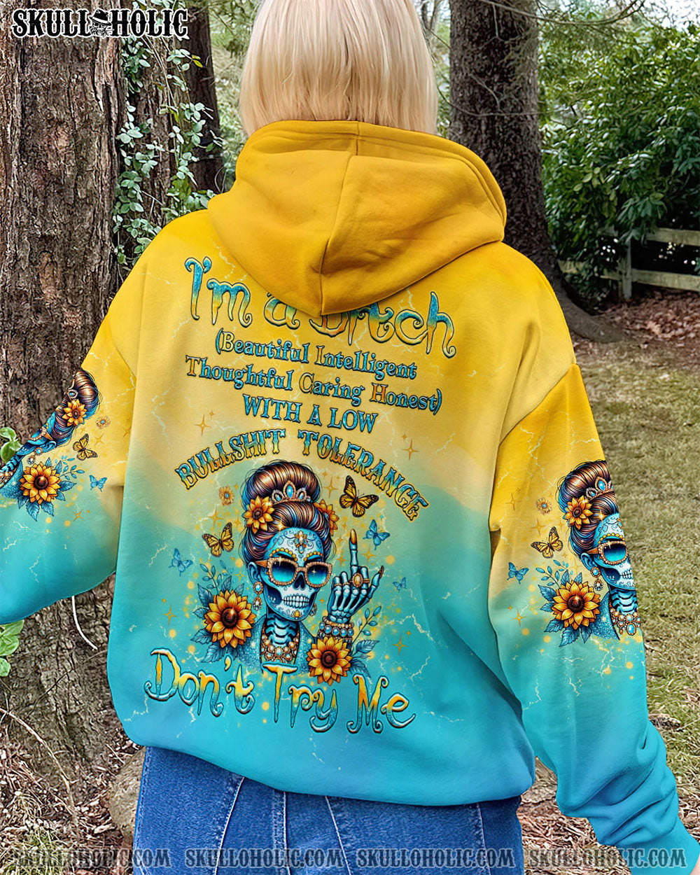 BLISSCORNERS I'M A B DON'T TRY ME SUNFLOWER SKULL ALL OVER PRINT