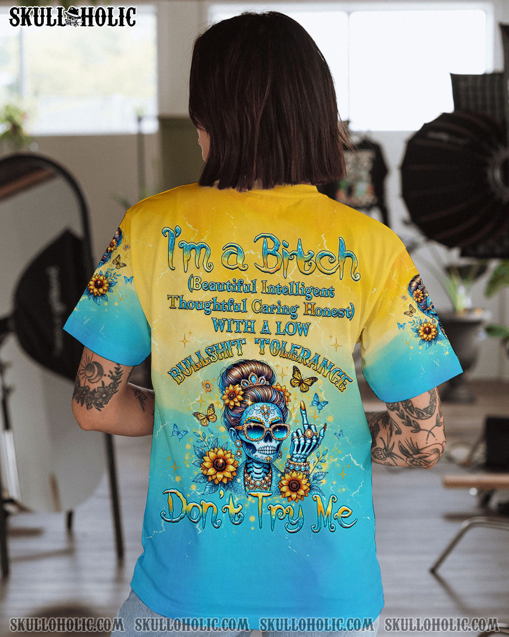 BLISSCORNERS I'M A B DON'T TRY ME SUNFLOWER SKULL ALL OVER PRINT