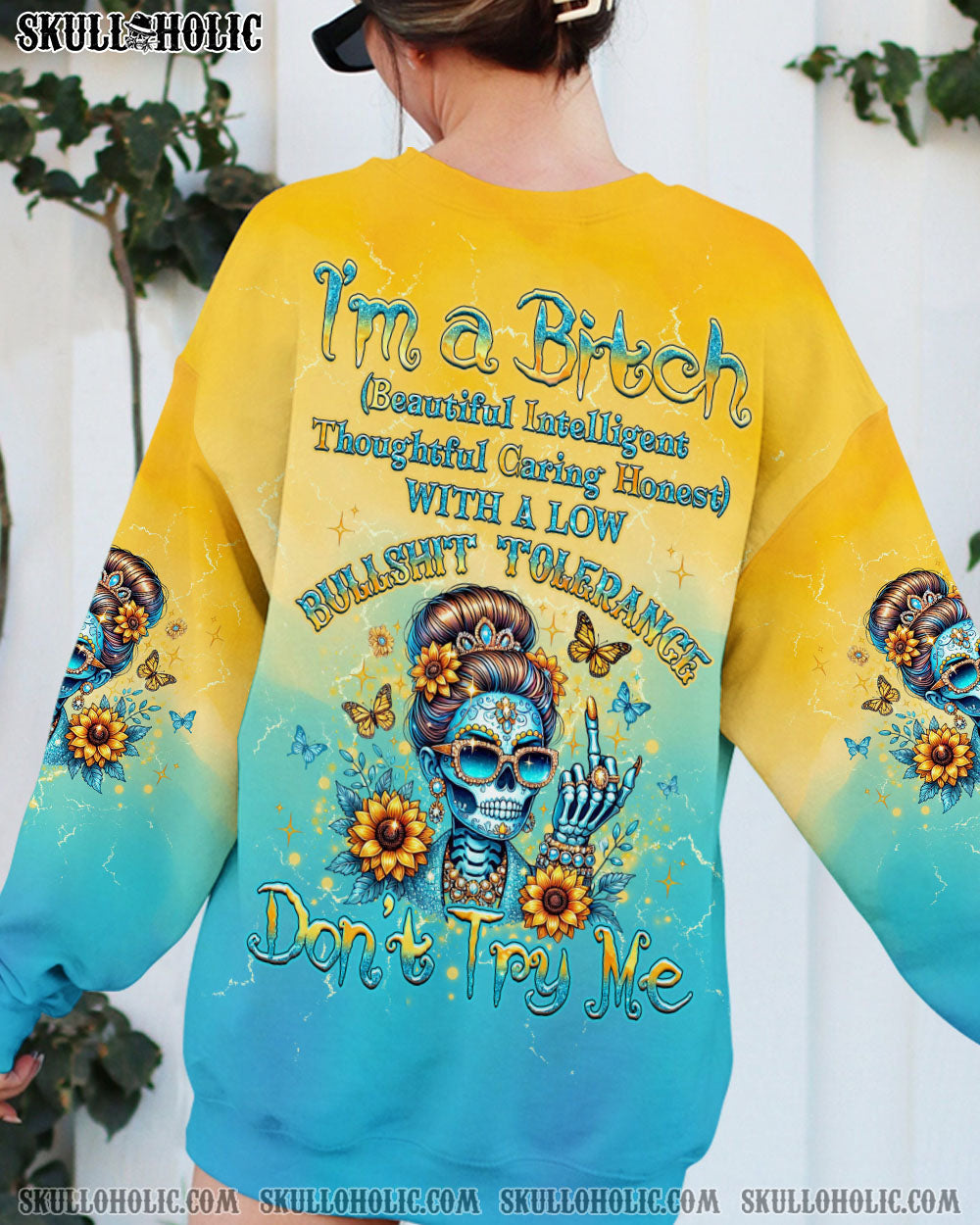 BLISSCORNERS I'M A B DON'T TRY ME SUNFLOWER SKULL ALL OVER PRINT