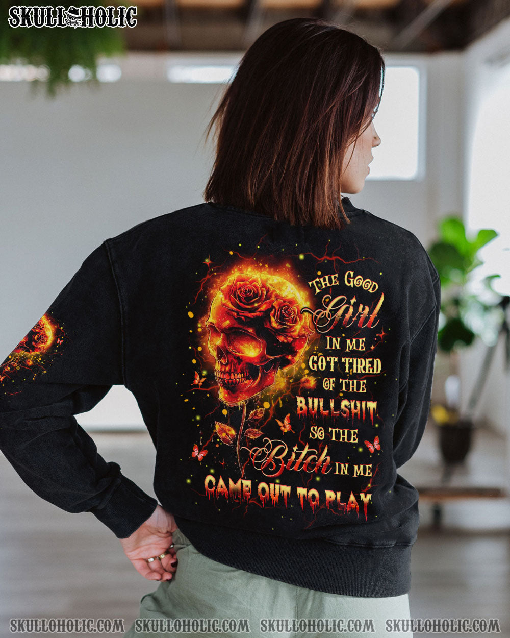 BLISSCORNERS THE GOOD GIRL IN ME SKULL FIRE ALL OVER PRINT
