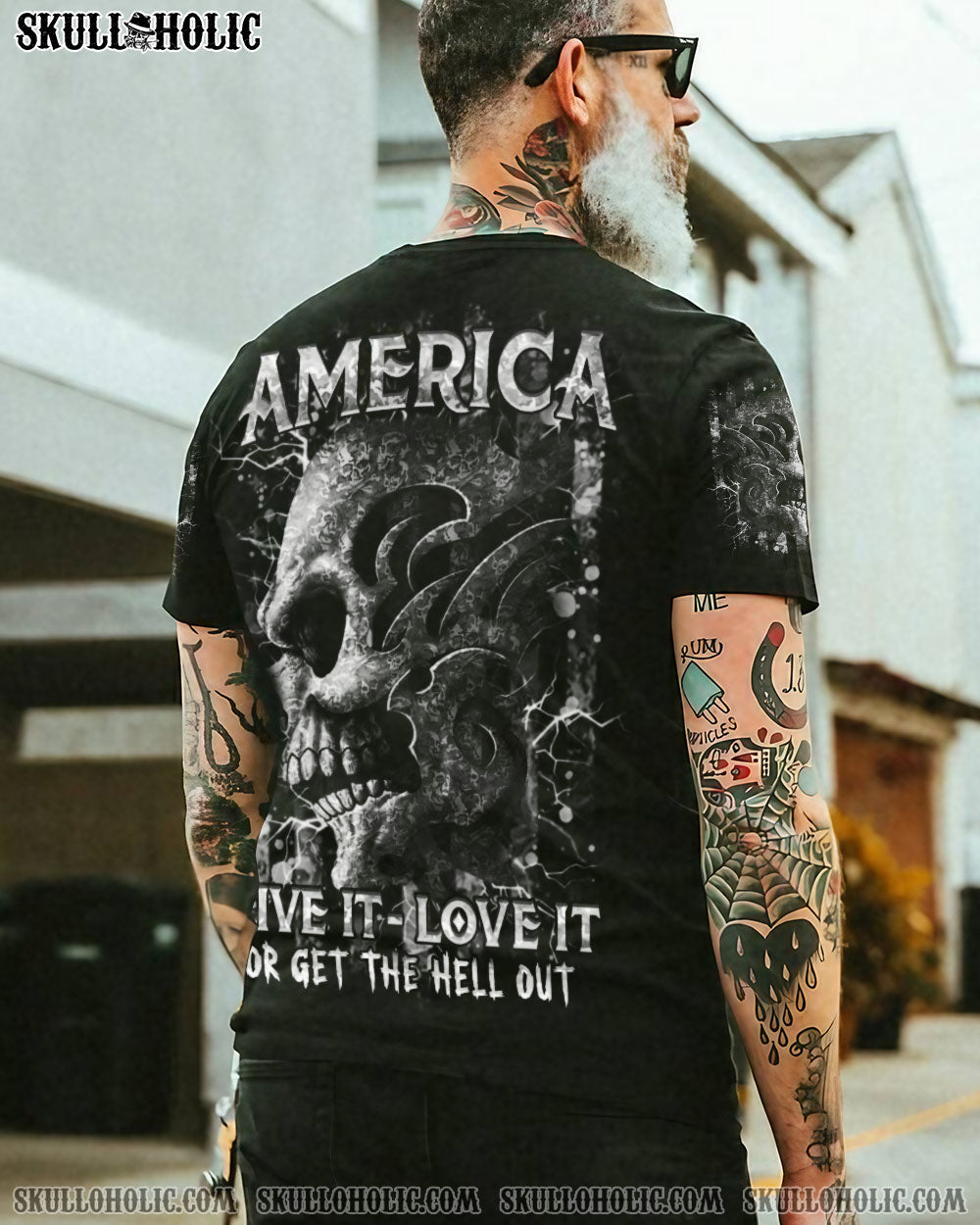 BLISSCORNERS AMERICA LIVE IT LOVE IT OR GET THE HELL OUT SKULL ALL OVER PRINT
