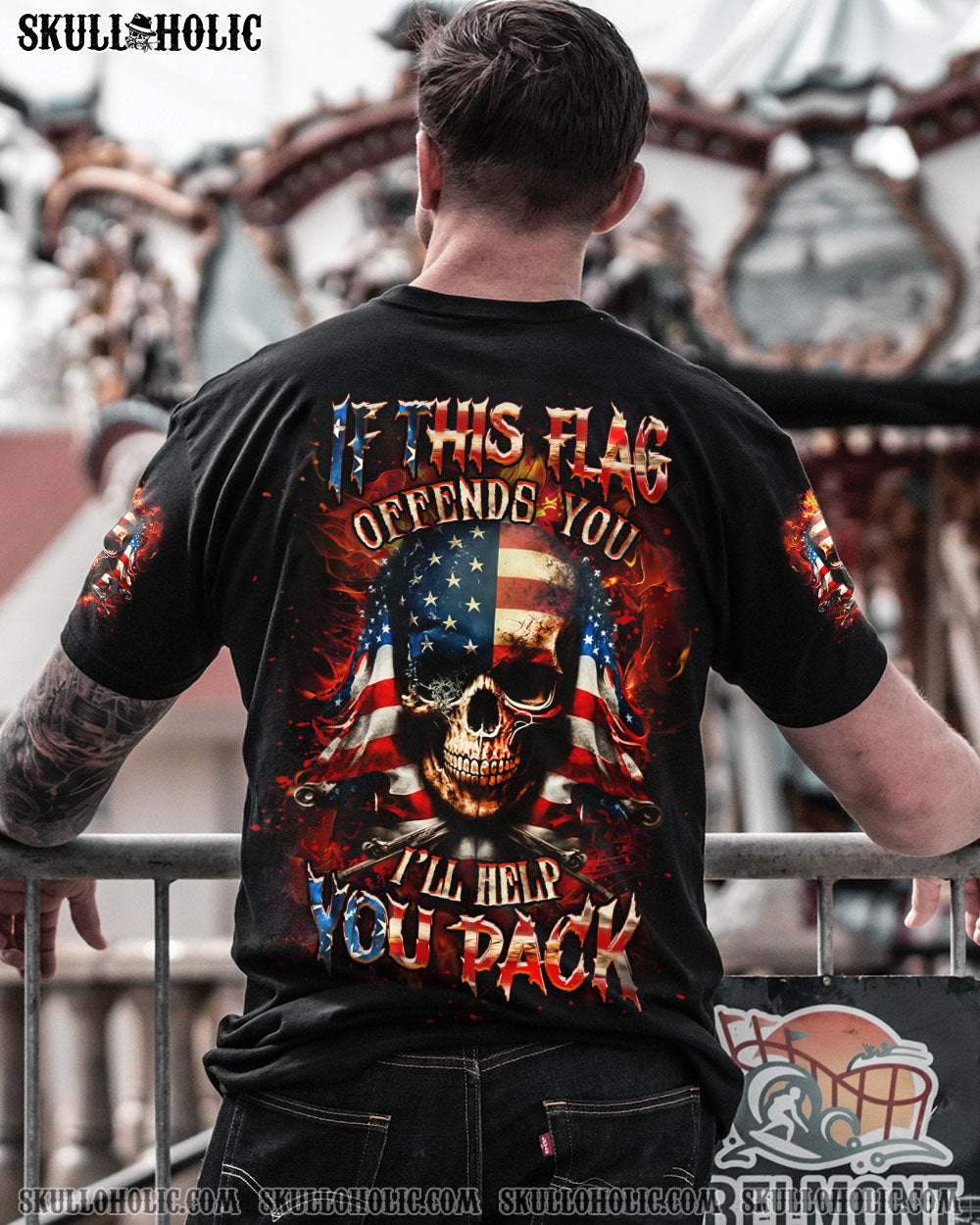 BLISSCORNERS IF THIS FLAG OFFENDS YOU I'LL HELP YOU PACK SKULL ALL OVER PRINT