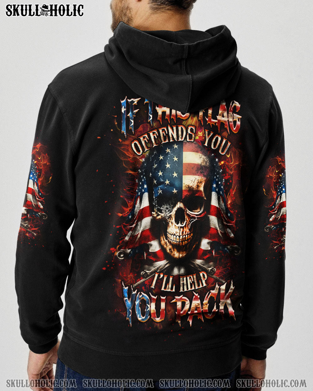 BLISSCORNERS IF THIS FLAG OFFENDS YOU I'LL HELP YOU PACK SKULL ALL OVER PRINT