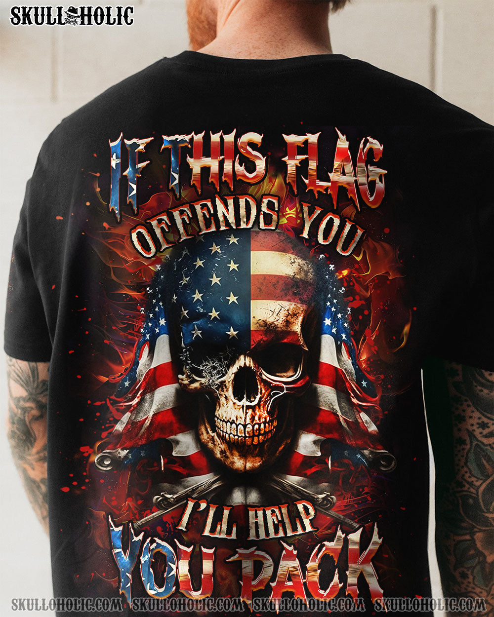 BLISSCORNERS IF THIS FLAG OFFENDS YOU I'LL HELP YOU PACK SKULL ALL OVER PRINT
