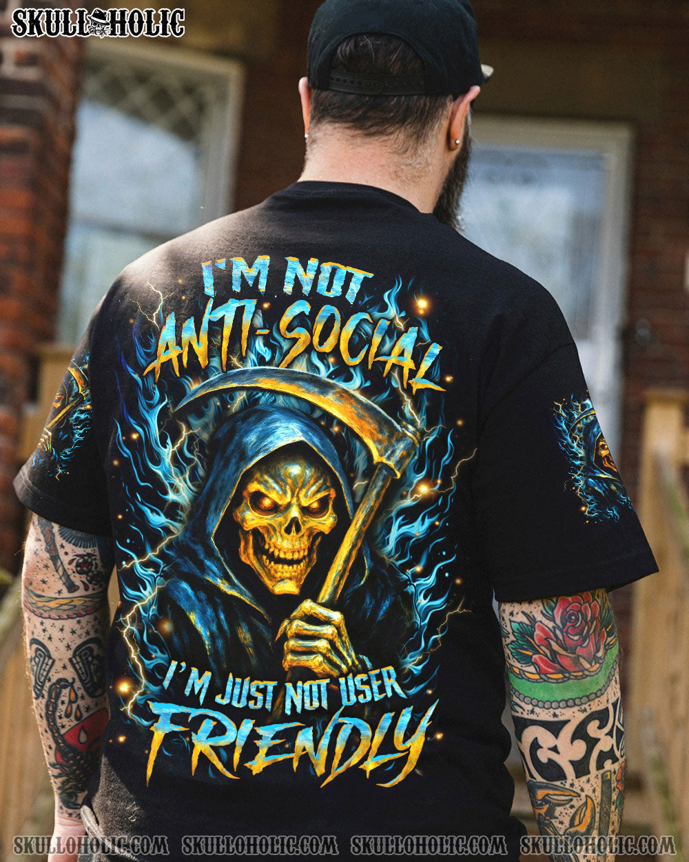 BLISSCORNERS I'M NOT ANTI-SOCIAL MAD REAPER SKULL ALL OVER PRINT