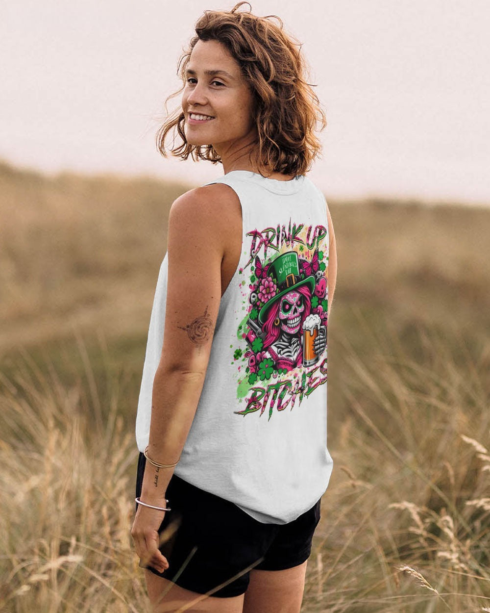 BLISSCORNERS DRINK UP B SKULL LADY PATRICK'S DAY ALL OVER PRINT
