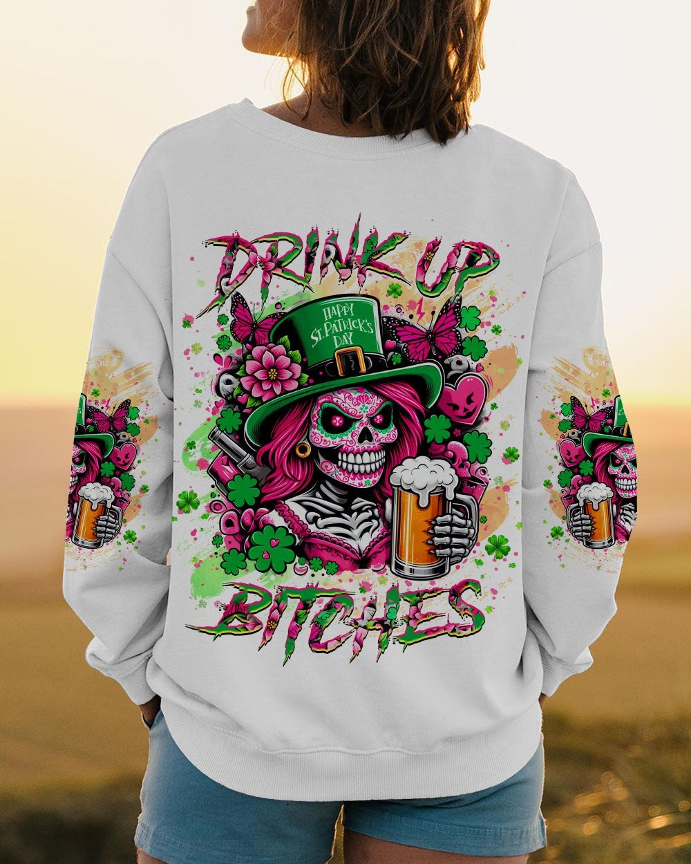 BLISSCORNERS DRINK UP B SKULL LADY PATRICK'S DAY ALL OVER PRINT