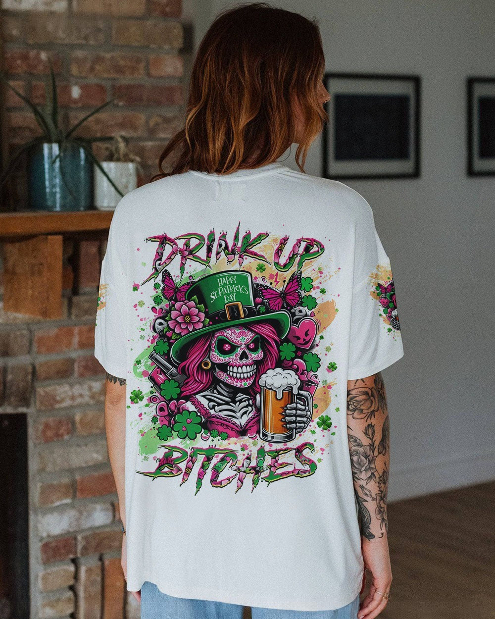 BLISSCORNERS DRINK UP B SKULL LADY PATRICK'S DAY ALL OVER PRINT